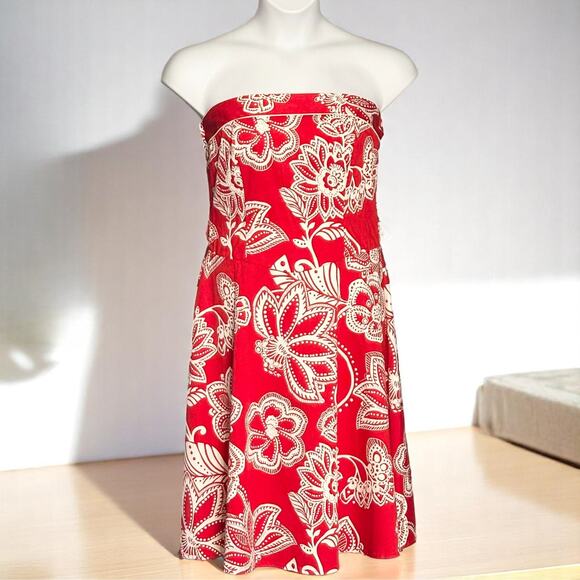Vintage B. Smart Strapless Floral Dress Sz 12 Red White Summer Party Retro Glam - Picture 2 of 10